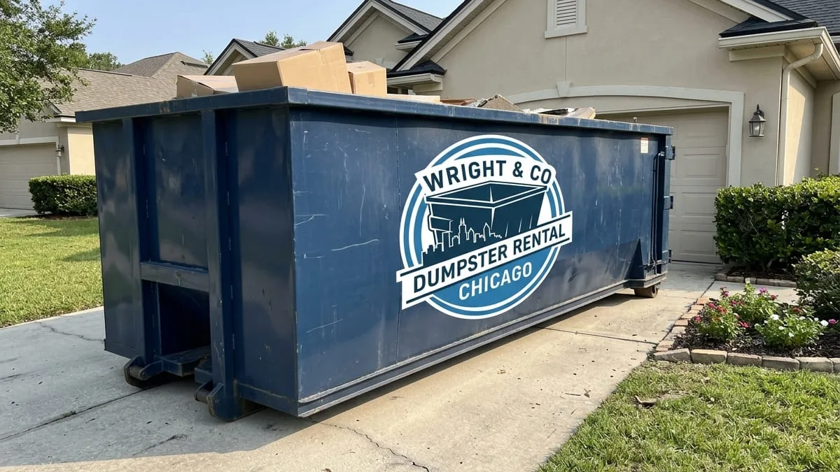 Dumpster rental in Chicago, IL Wright & Co Dumpster Rental roll-off dumpster being delivered to a Chicago, Illinois driveway